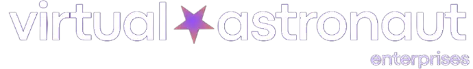 Logo for Virtual Astronaut Enterprises. The main text &#34;virtual astronaut&#34; is written in thin, white lowercase letters with a gradient purple star separating the two words. The word &#34;enterprises&#34; is positioned beneath &#34;astronaut&#34; in the same font.